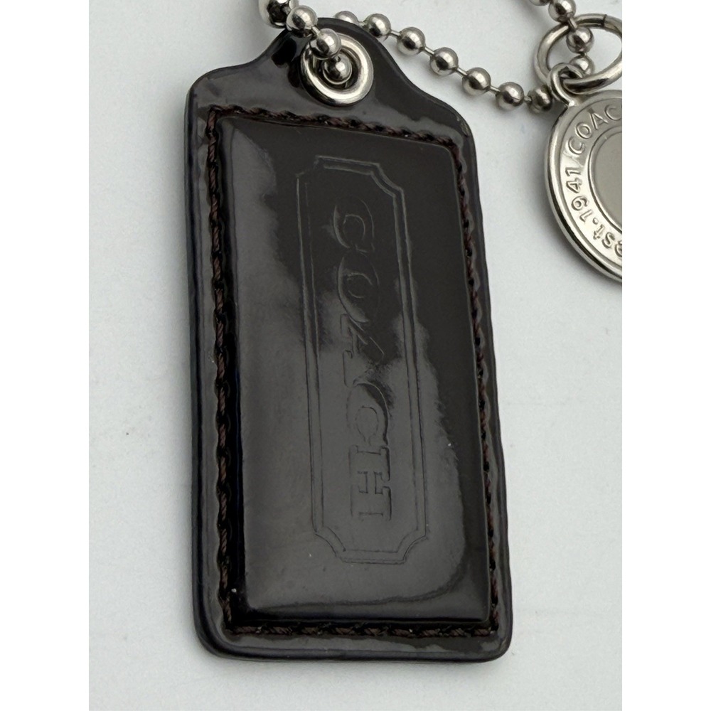 Coach Hang Tag Set Dark Brown Silver Leather Metal Bag Charm Keychain Medium 2" - Picture 2 of 8